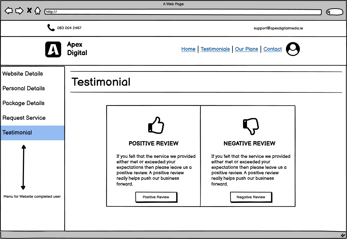 Wireframe of testimonial page